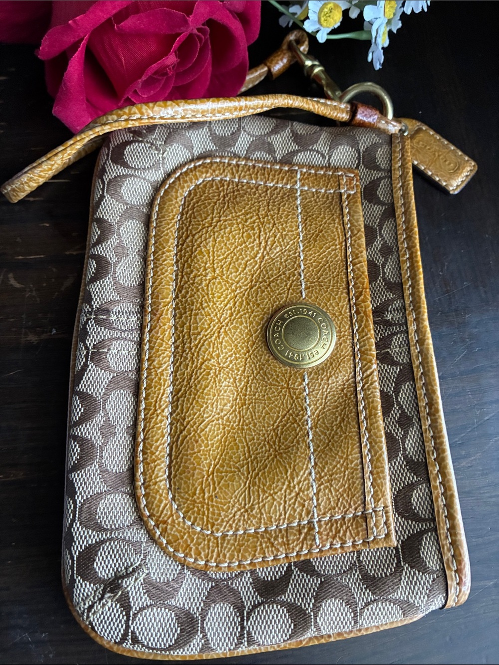 Coach Signature Canvas Wristlet in Brown and Tan Leather